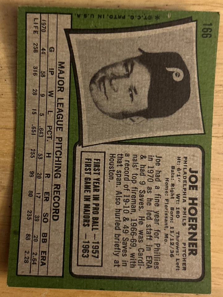 1971 Topps Joe Hoerner Baseball Card #166 Phillies Pitcher O/C Fair - Image 2 of 2