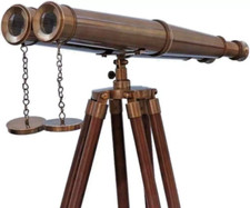 Telescope Spyglass Binoculars Brass Wooden Tripod Vintage Antique Nautical Decor