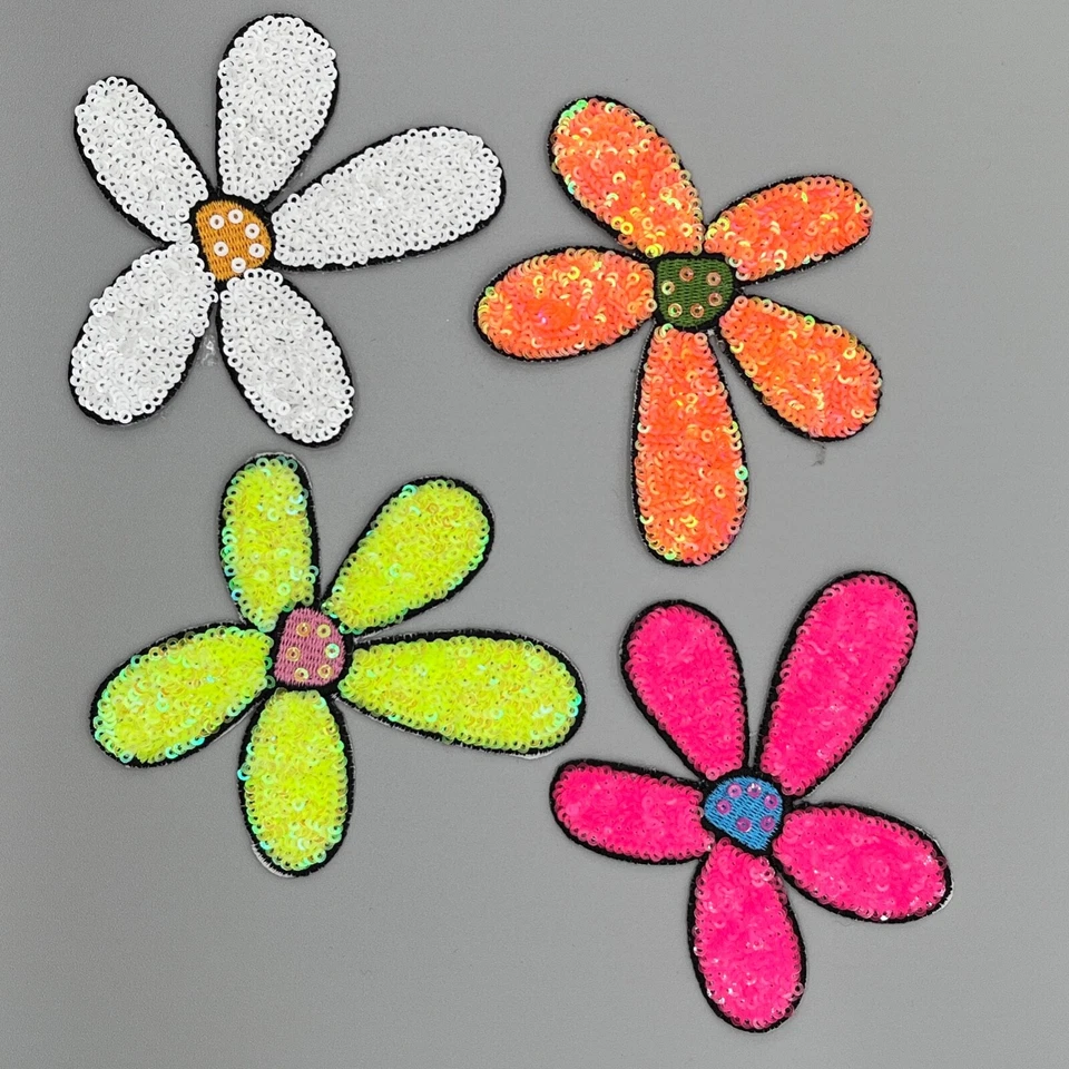 1 Juego de 4 Apliques Flor Lentejuelas Neón Naranja Rosa Amarillo Blanco 11 cm Plancha Foto 2 de 3