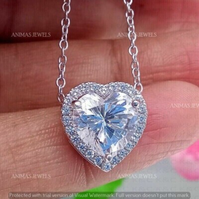 Women's 3.00Ct Moissanite Love Heart Shape Halo Pendant Real 925 Sterling Silver