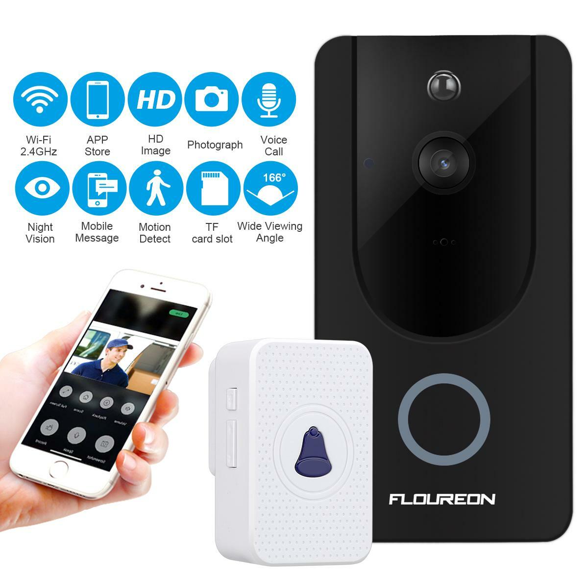 Flourean Black XF-IP007M Smart WiFi Doorbell Wireless Video Security Camera-image