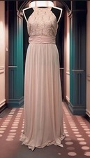 David’s Bridal Light pink lace halter neck maxi dress with tie back detail