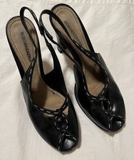 BCBG MaxAzria Black Leather Open Toe Platform Heels Leather Soles 9B 39.5