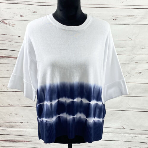 DKNY Top Women’s Small Blue/White Ribbed Cotton Sweater Tie-Dye Short Sleeves