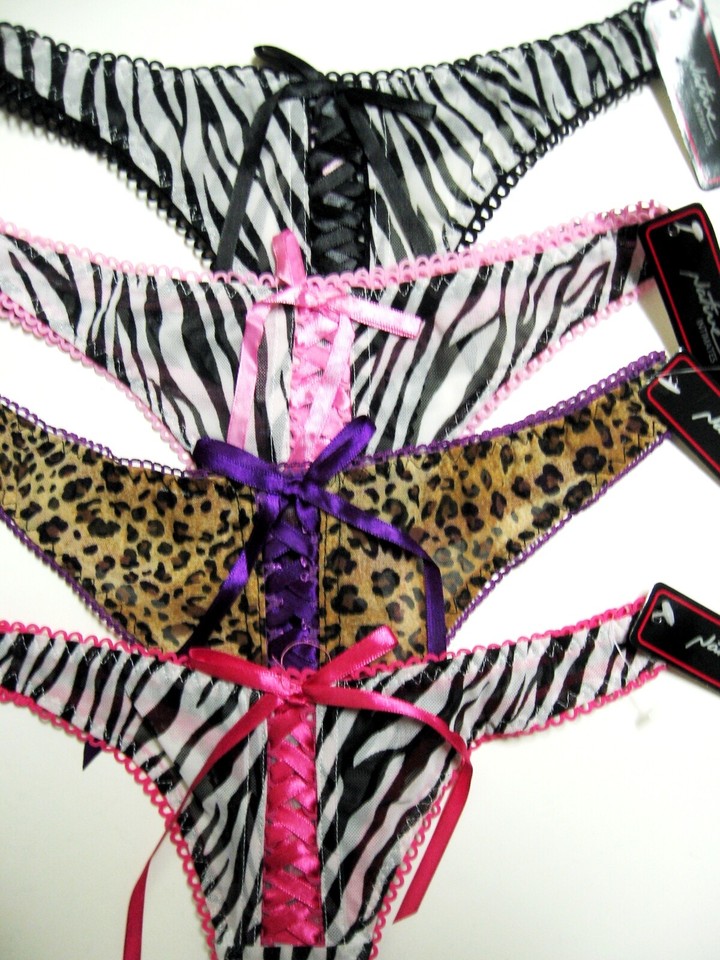 www.prominentresults.com :A0174 Native Intimates NEW Contrast Animal Prints Lace-Up Sheer Mesh Thong S M L