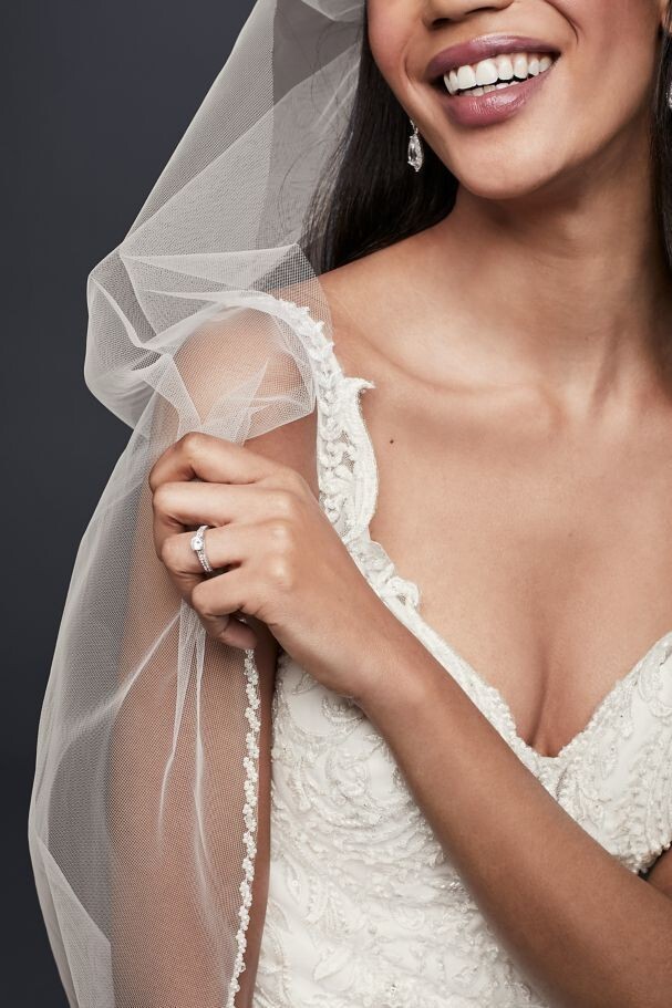 ? David’s Bridal Fingertip Tiered Metallic Floral Crystal/Pearl Wedding Veil 3D Scattered Floral and Pearl Fingertip Veil | David main image 3