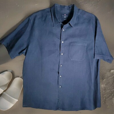 Marks & Spencer M&S Mens Linen Shirt XL Short Sleeve Navy Button Up Vacation