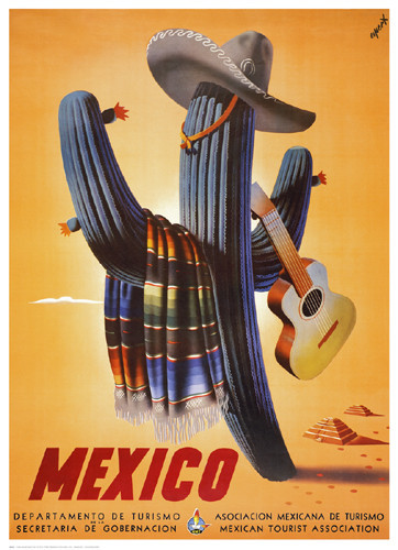 VINTAGE MEXICAN ART PRINT - Senor Cactus MEXICO 25x18 Travel Poster Guitar