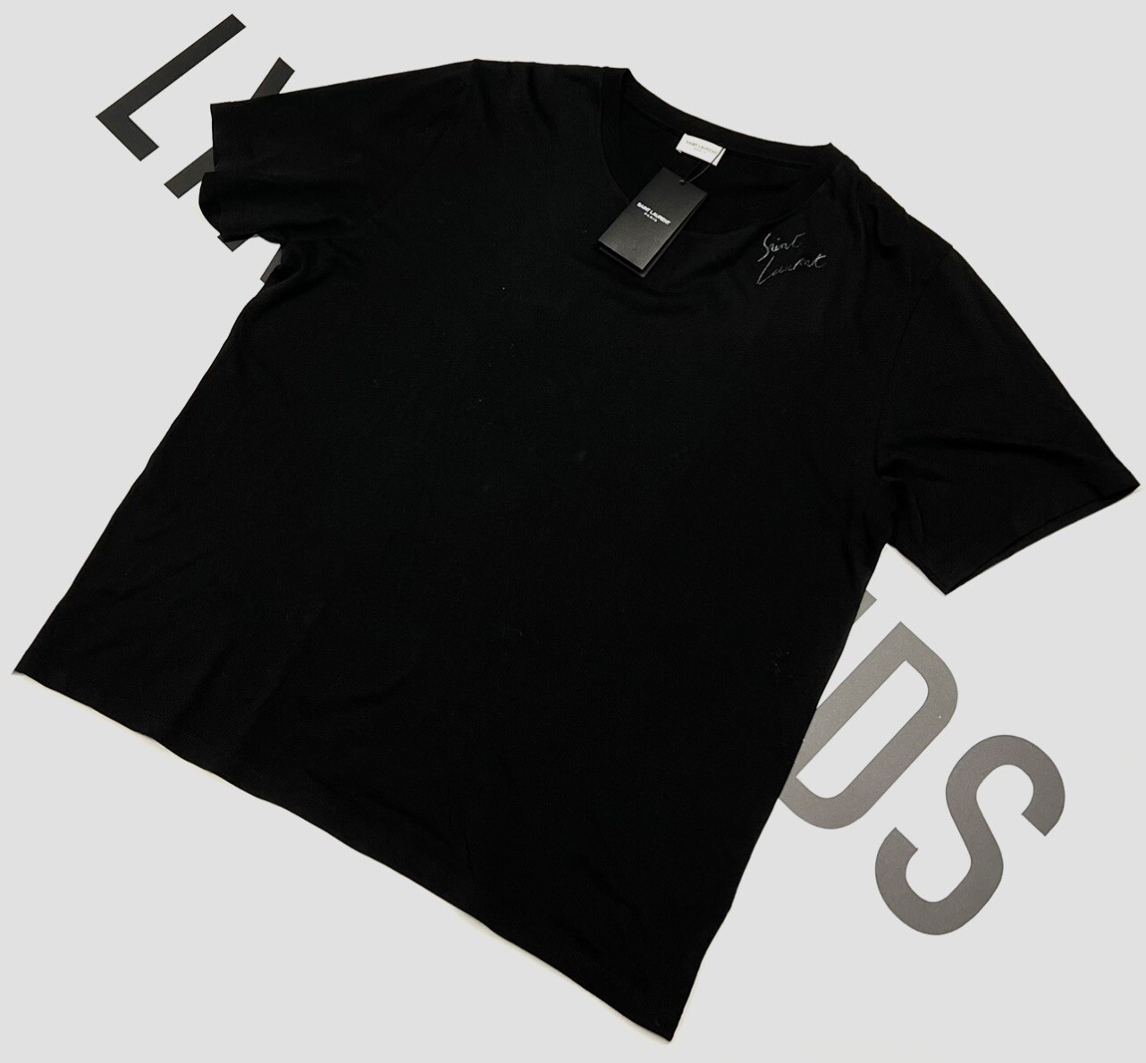 T shirt nera Saint Laurent firma logo ricamato taglia XL CTRL £305