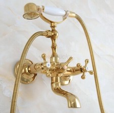Polished Gold Brass Wall Mounted Clawfoot Bath Tub Faucet w/ Handheld Shower