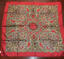 Vintage Golden Camel Red Handrolled Hand-Printed 100 Silk Scarf
