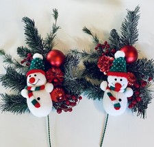  2 Large Vtg Christmas Flocked Pine Floral Picks Red Berries Ornaments Snowman