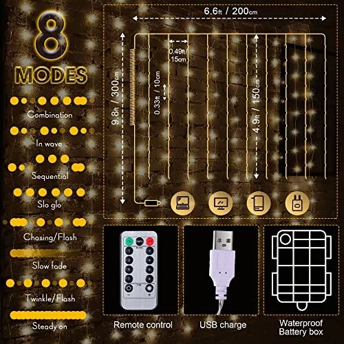 195 LED Curtain Tapestry Backdrop String Lights 8 Strings 6.6x4