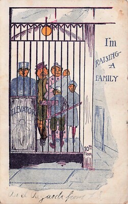 Elevator Large Family Funny Comic Iron Gate Prison Jail Marriage Postcard E19