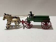 VINTAGE HUBLEY CAST IRON HORSE DRAWN GREEN WAGON 2 HORSES AND DRIVER