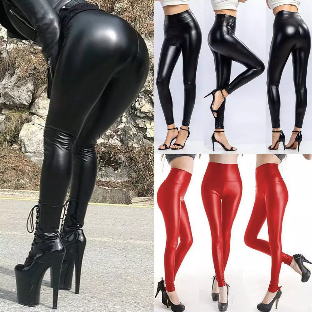 Ladies Wet Look Leggings Faux Leather HIGH WAIST Black Stretch PVC Leggings