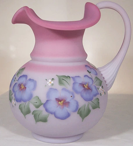 Fenton Art Glass LE Blue Burmese Pitcher Hand Paintd Hibiscus #1056/2750 MIB NOS