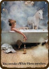 1972 WHITE HORSE WHISKY & Sexy Bath Woman Vnt-Look DECORATIVE REPLICA METAL SIGN