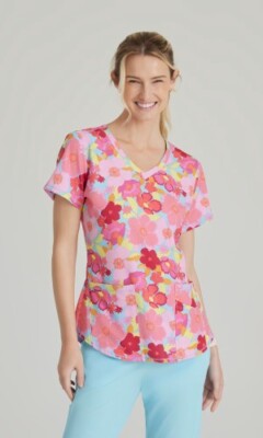 SKETCHERS WOMEN SCRUB PRINT TOP SPANDEX STRETCH, BLISSFUL BLOSSOM, ALL SIZES,NWT