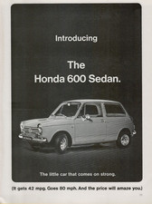 1968 Honda 600 Sedan 42 mpg 80 mph Little Car Comes on Strong Vintage Print Ad