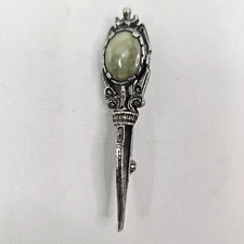 Vintage Miracle Celtic Scepter Brooch Silver Tone Green Stone Pin