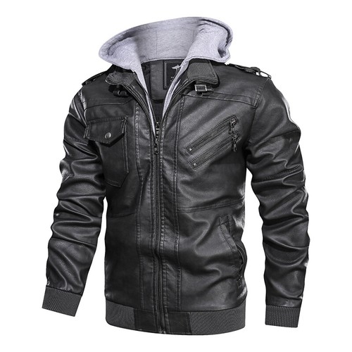 Herren-Bikerjacke Aus Pu-Leder Mit Kapuze Und Reißverschluss ≌ - Bild 11 von 16