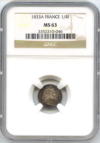 Louis Philippe I (1830-1848) 1/4 Francs 1833 Paris NGC MS63