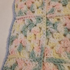 Vintage Handmade Crochet Baby Blanket Pastel Granny Square Blue Border 38x24