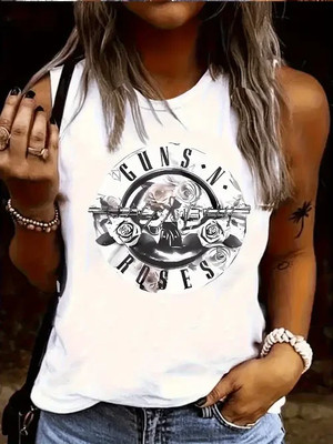 Women'S Casual Tee Shirt Vest  Top with Guns & Roses Graphic Print  X Large