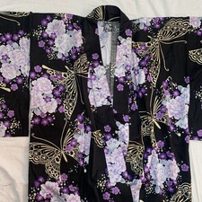 Japanese kimono YUKATA black purple gold 165cm.cottons