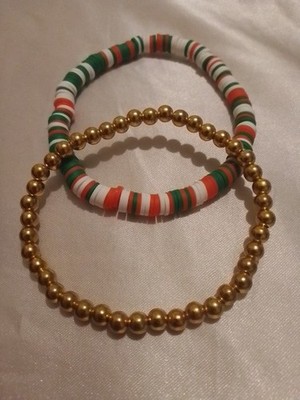 Rot, weiß und grün gemischt Tonperlen Armband und Gold Perlen Armband Set