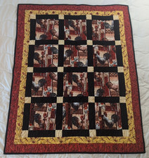 Homemade Patchwork Lap Quilt Multicolor Rooster Black Red Yellow 47"X 37" Signed