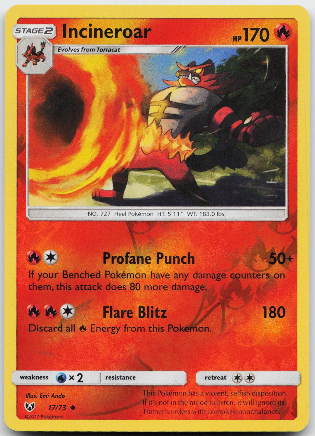 Incineroar 17/73 Uncommon Shining Legends Pokemon Reverse Holo Near Mint