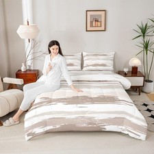 Abstract Brown Comforter Set Queen Size Modern White Grey Striped Bedding Set...