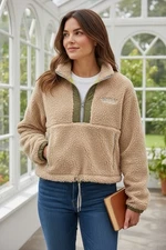 WSLY Tan Teddy Jacket with Green Details Women's Size Small