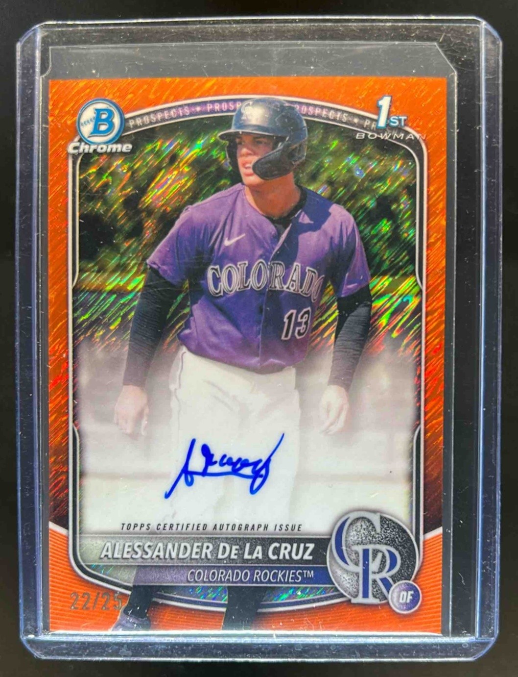2025 Bowman Chrome Alessander De La Cruz Auto Orange Shimmer Refractor 1st #/25