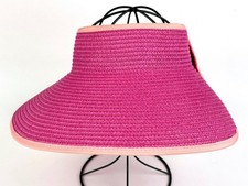 16" Hot Pink Adjustable Roll Up Straw Sun Visor Hat Women's Wide Brim Packable