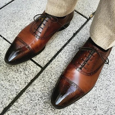 Handmade Men's Brown Leather Oxford Brogue Lace Up Cap-Toe Dress Gift new Shoes