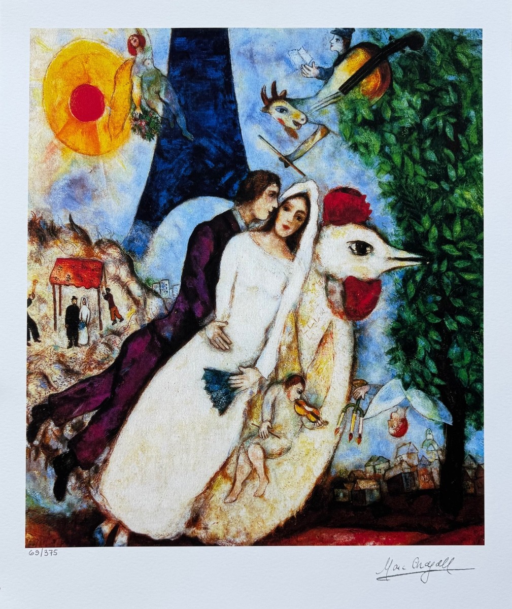 Marc Chagall BRIDE & GROOM OF EIFFEL TOWER Facsimile Signed Giclee