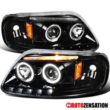Fit 1997-2003 Ford F150 Expedition LED Halo Projector Headlights Slick Black