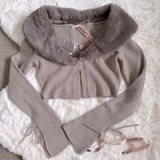 House of CB Fur Trim Knit Cashmere Crop Cardigan S - Camel / Dark Beige