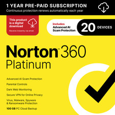 Norton 360 Platinum  20 Devices  Digital Download Code sent by Email