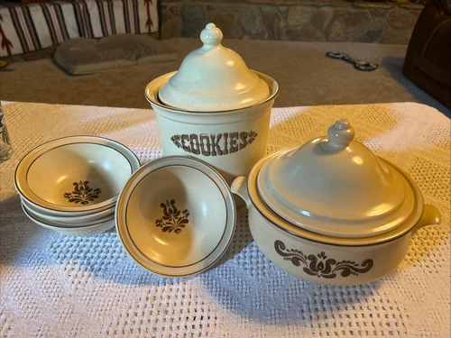Pfaltzgraff "Village" Cookie Jar Canister, Bowl W/ Handles, 4 Soup/Cereal Bowls