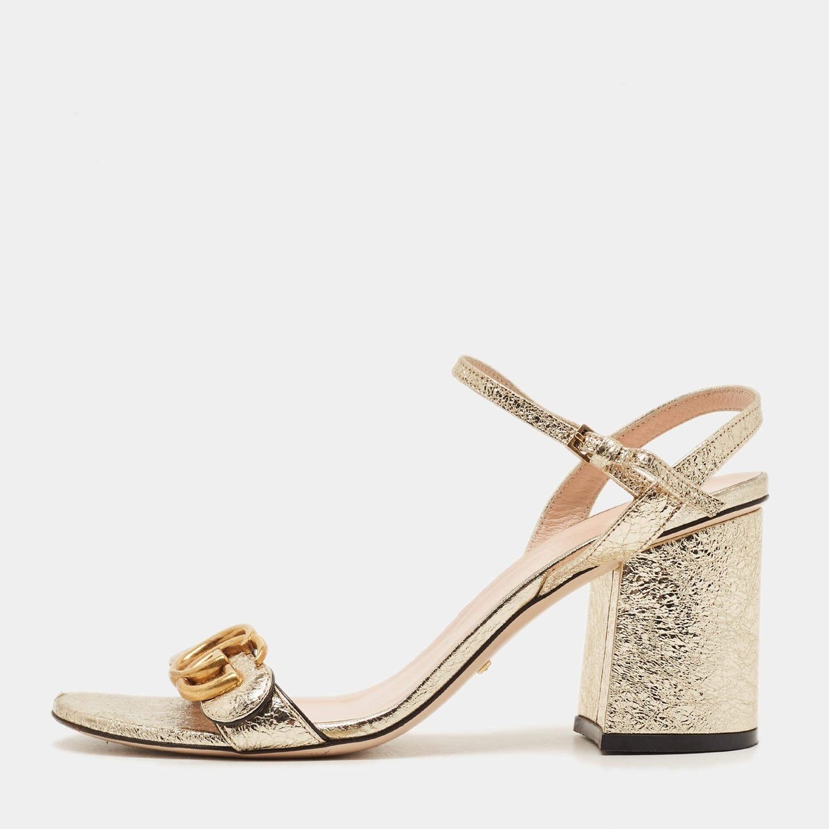 Gucci GG Marmont Size 38 Gold Metallic Leather Ankle Strap Sandals