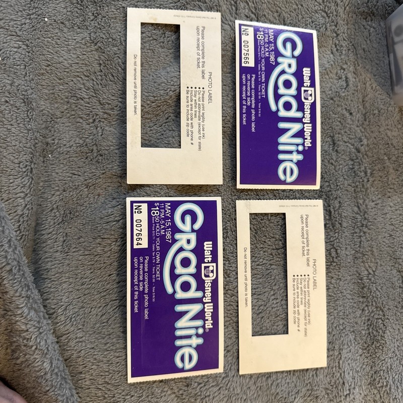 2 Vintage Disney Grad Nite '87 Souvenir Ticket Stub And Photo Label Retro Vtg