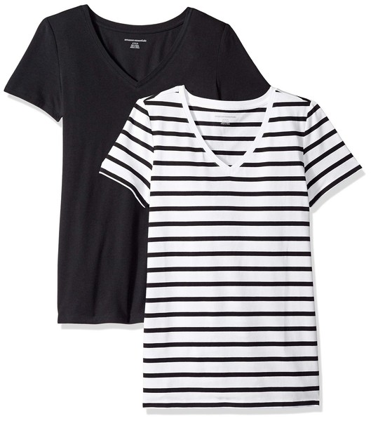 Damen T-Shirt Kurzarm Regular-Fit Schwarz/Weiß Streifen S, Amazon Essentials-image