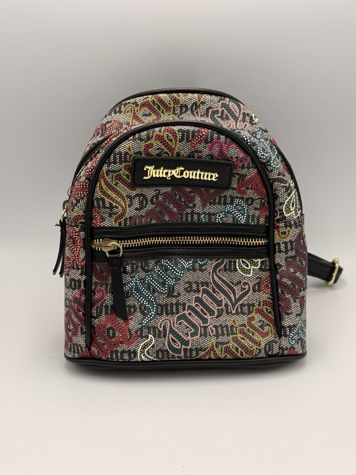 Juicy Couture Rosie Mini Backpack Purse Black Multicolor Gothic Logo Print Y2K