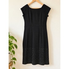 Black Studded Hem Sheath Dress L Cap Sleeve Stretch Cocktail Party Evening LBD