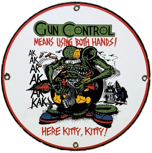 VINTAGE RAT FINK PORCELAIN SIGN HOT ROD ED "BIG DADDY" ROTH GAS OIL AK-47 GUN