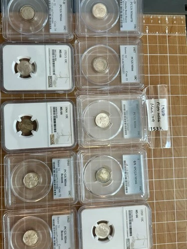 Set Is 10 MS66 Dimes 1937, 1943, 1944, 1953S,1954, 1956D, 1957, 1957, 1959, 1964